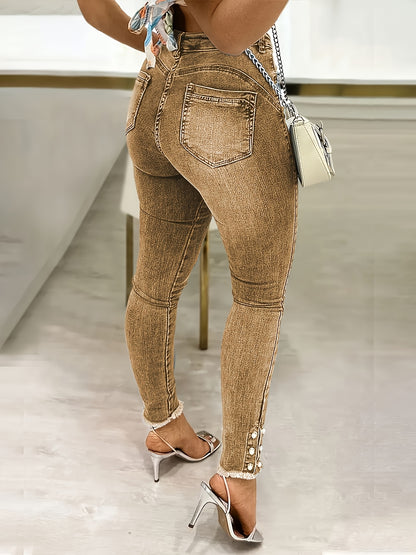 Ladies' High Waisted Washed Distressed Visual Lifting Buttocks Slim Fit Pants with Edge Hair, Pearl Diamond Single Breasted Jeans