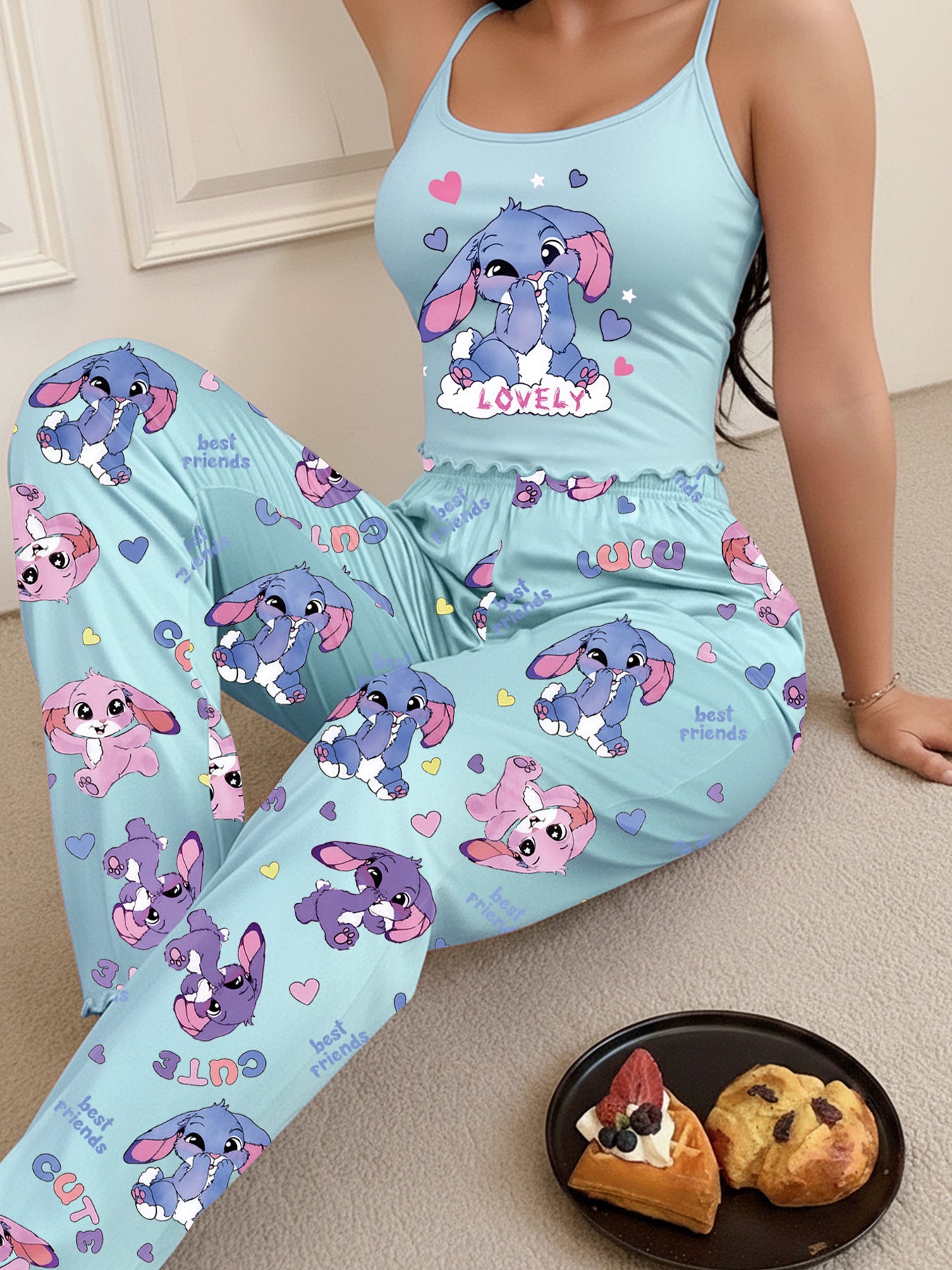 Kawaii Cami Set Women's Cute Rabbit Heart Letter "LOVELY" Print Strappy Top And Pants Sleepwear Set 2pcs Aesthetic Pajamas Sleepwear Pijamas De Mujer Ropa De Mujer Pijamas De Dormir Para Mujer Pajama Sets Women Pajama Sets Women