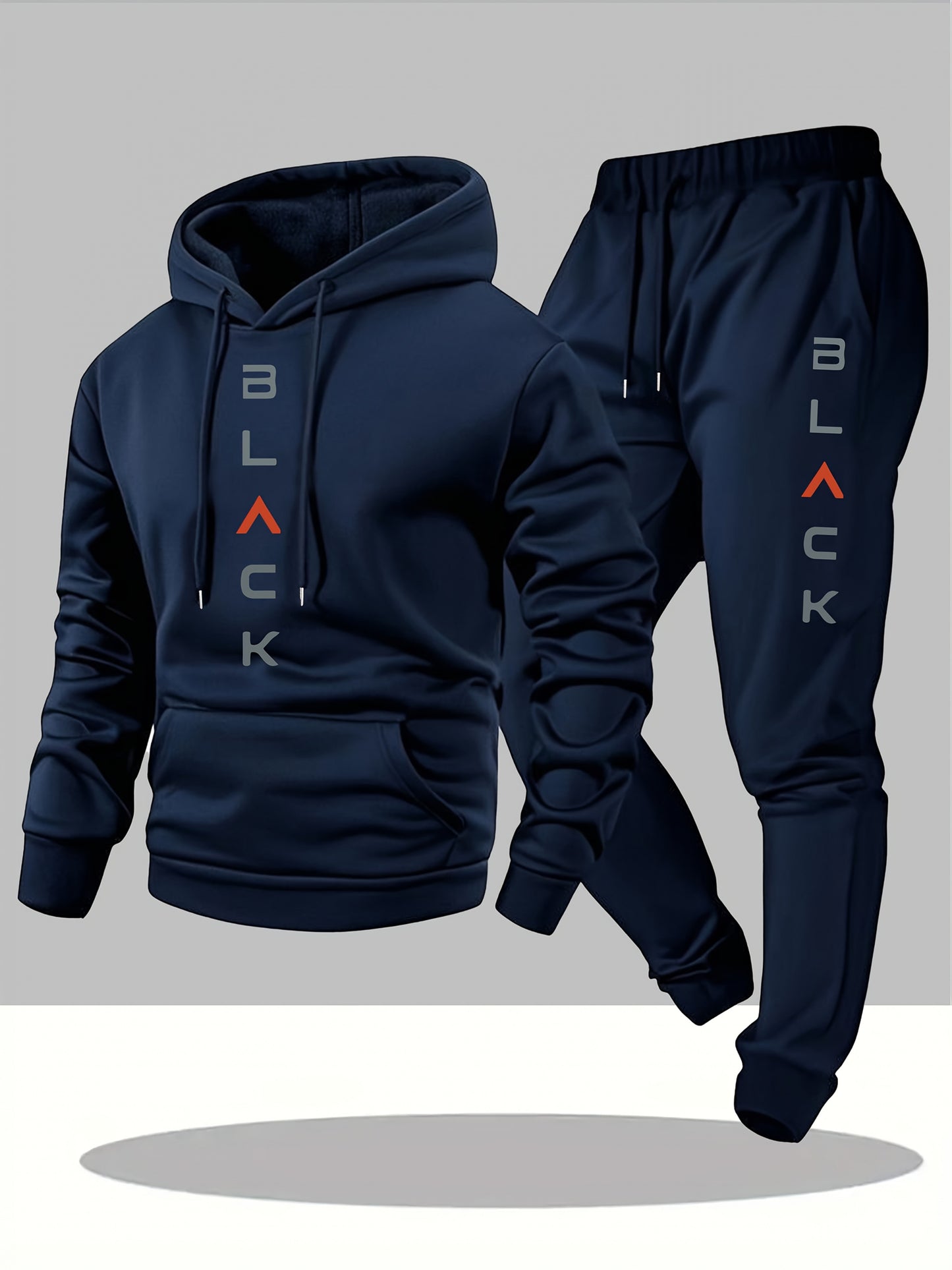 Men's Complete Outfit- Stylish Hooded Sweatshirt& Joggers Set with "BLACK" Print, Gray Casual Streetwear, Long Pants, and Matching Hoodie, Perfect for Fall/Winter, Cozy Clothing| Sporty Look| Nonstretch Fabric