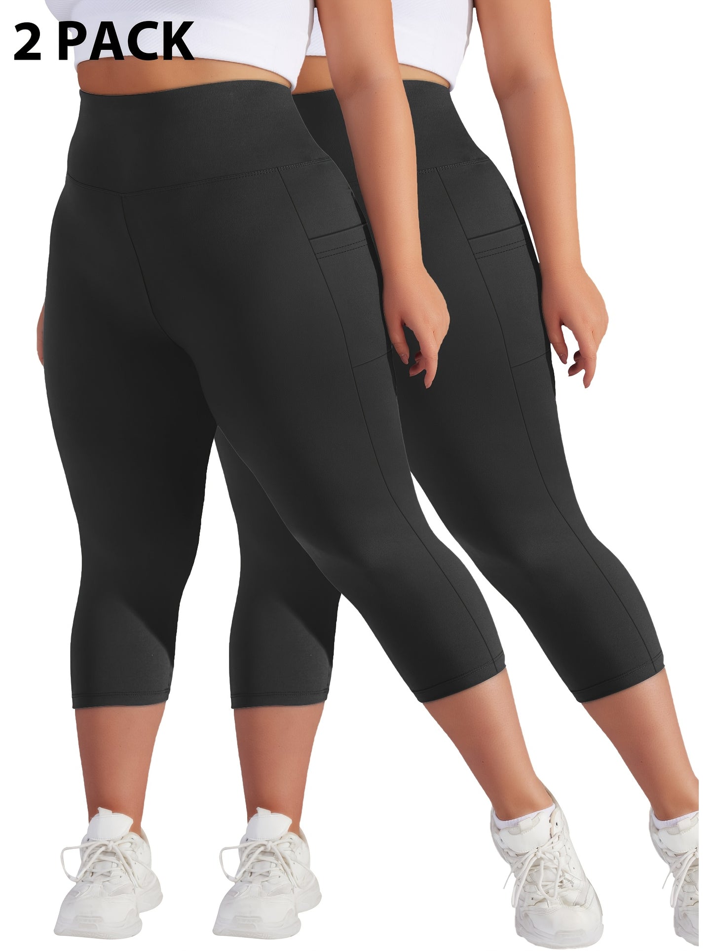 Plus Size - 2pcs Set - Plus Size High-Waisted Pocket Capri Pants - Soft Suitable for And Workouts - Elegant Style - New Spring And Summer Collection - Targeted Design