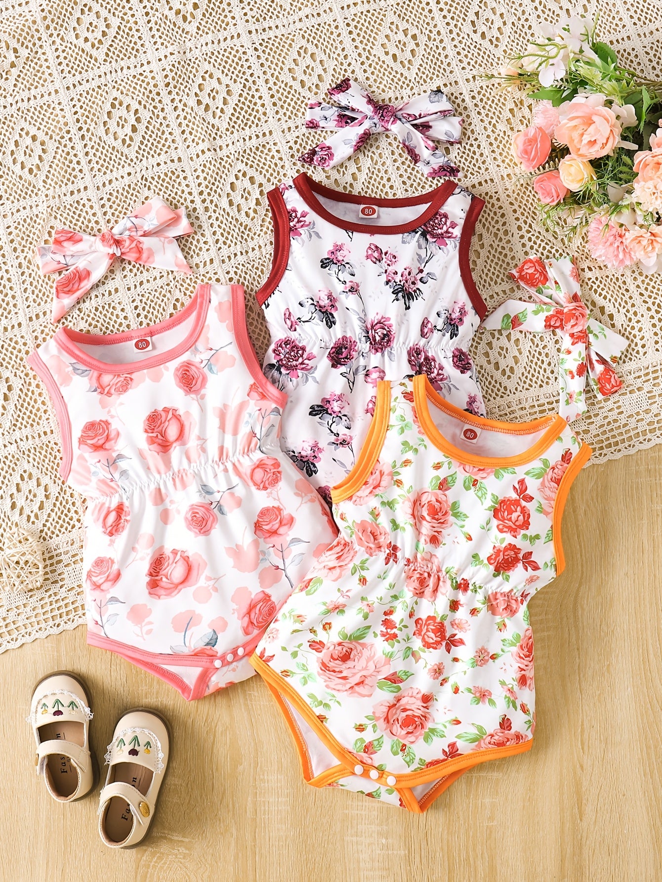 3pcs Cartoon Print Sleeveless Triangle Romper Suit + Headband for Girls, All-season, Polyester Knit Fabric, Regular Fit, Basic Style, for Outdoor, Perfect for Outdoor
