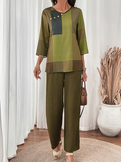 Elegant Women's Two-Piece Set - Round Neck Top And Wide Leg Pants with Checkered Patchwork Print, Polyester Material, Simple And Casual, Soft And Skin-Friendly, Perfect for Spring And Summer