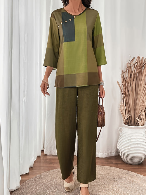 Elegant Women's Two-Piece Set - Round Neck Top And Wide Leg Pants with Checkered Patchwork Print, Polyester Material, Simple And Casual, Soft And Skin-Friendly, Perfect for Spring And Summer