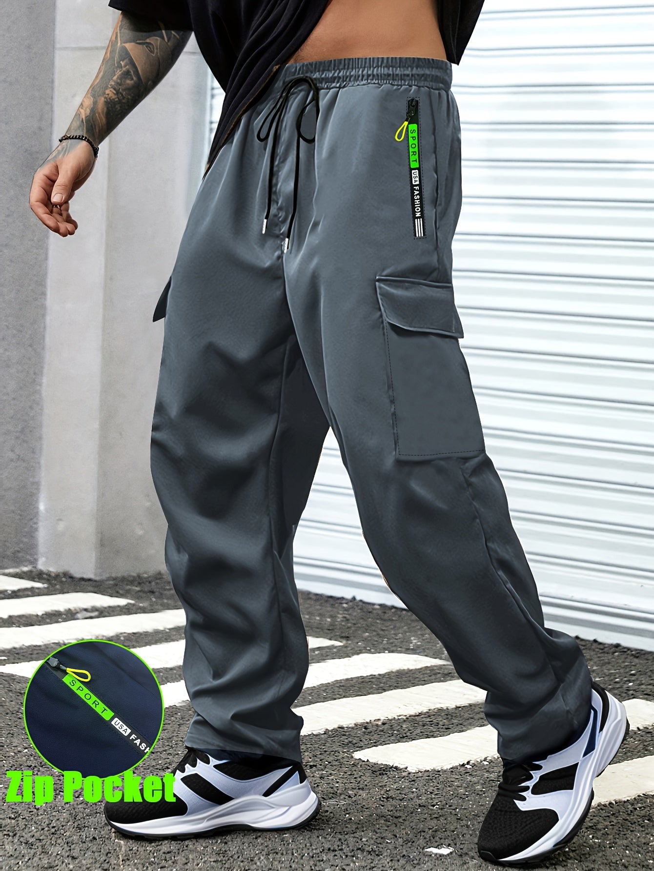 1pc Men'S Spring/Fall Cargo Pants with Large Zipper Pockets & Drawstring Waist - Olive Green Casual Outdoor Joggers for Hiking, Daily Wear, and Leisure Activities, Jogging Pants, Straight Leg Fit