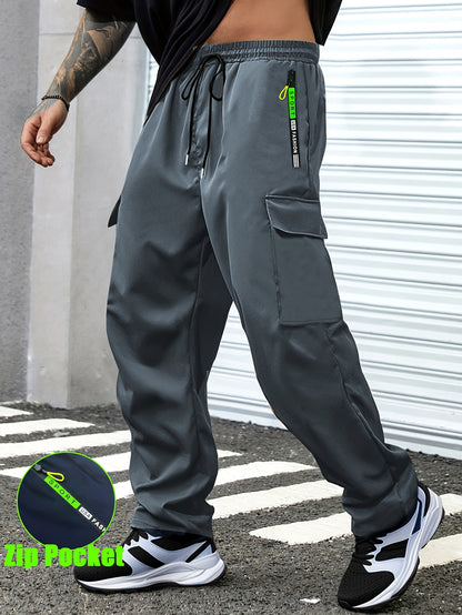 1pc Men'S Spring/Fall Cargo Pants with Large Zipper Pockets & Drawstring Waist - Olive Green Casual Outdoor Joggers for Hiking, Daily Wear, and Leisure Activities, Jogging Pants, Straight Leg Fit