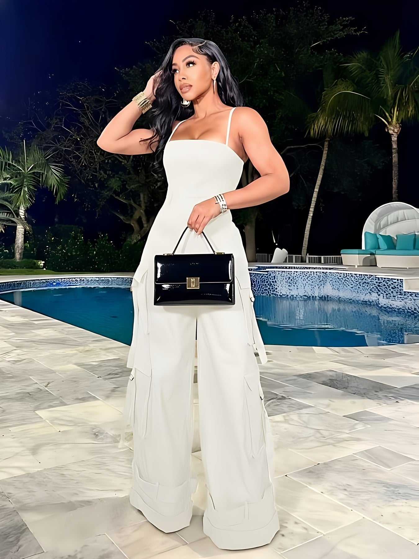 Teenager'S Jumpsuit - Teenager'S Long Wide-leg Utility Jumpsuit, High-waist With Multiple Pockets, Casual Summer Clothing, Street Fashion Camisole Backless Long Jumpsuit, for Outdoor, For Teenager