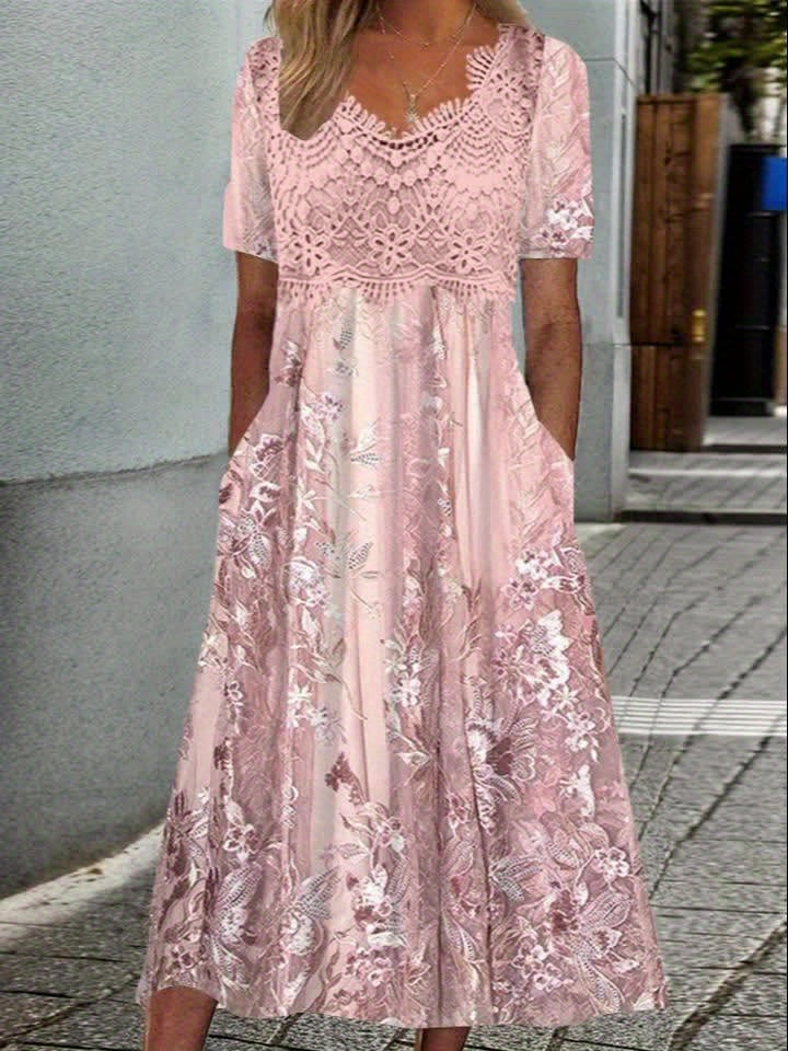 Plus Size Flower Print Midi Dress with Lace Neck and Short Sleeve