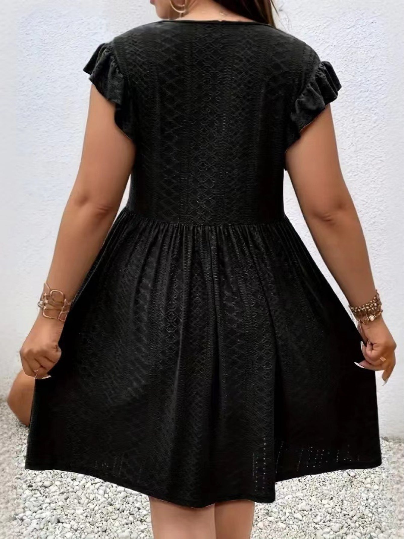 Plus Size - Summer Plus-Size Women'S Hollow-Out Embroidered Dress - Cross V-Neck with Ruffled Short Sleeves And a Flared Skirt, Made of Lightweight Breathable Fabric, Available in Sizes L-5XL, Suitable for Beach Or Casual Wear