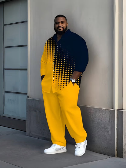 2pcs Set- Plus-size Men's Long-sleeved Shirt and Trousers Set, Yellow and Black Contrast Stitching, Polka Dot Print, Local Warehouse, Suitable for All Seasons, Suitable for Leisure, Parties, Festivals, Daily Office Use, Wrinkle-resistant Polyester