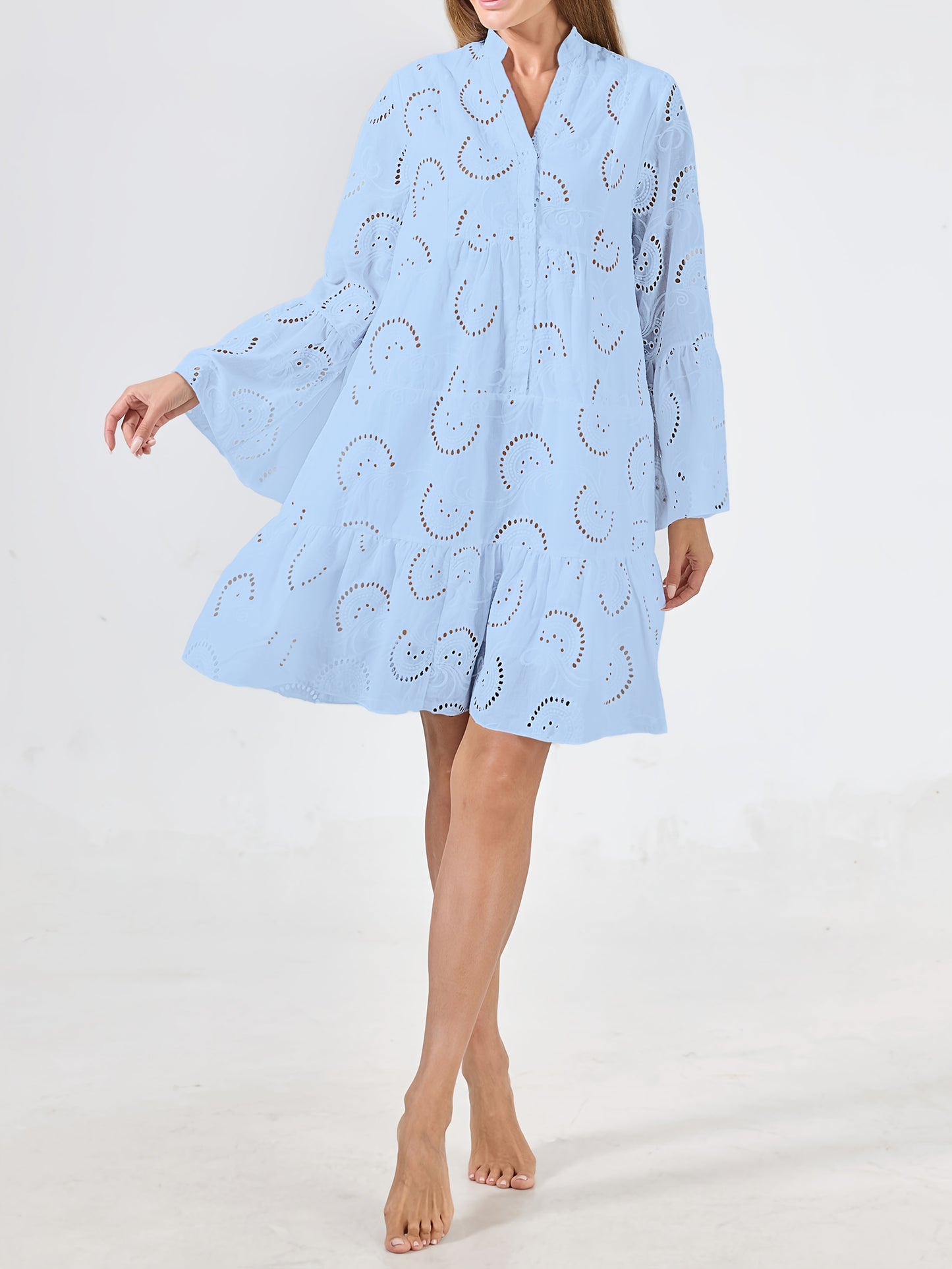 Elegant Mint Green V-Neck Shirt Dress with Bell Sleeves and Lace Cut-Out Detail - Chic Long Casual Dress for Women, Ideal for Home Gatherings and Parties, Casual Party Dress|Bell Sleeve Dress|Machine Washable Dress, Cute Dresses
