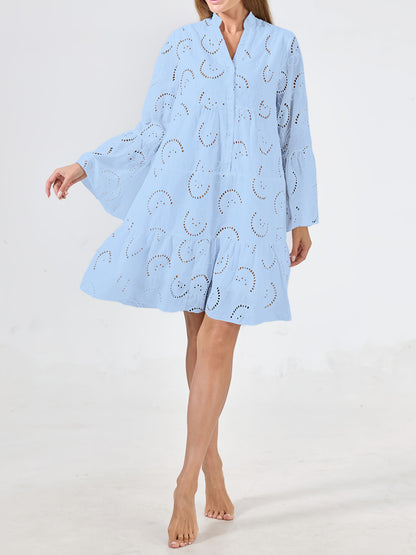 Elegant Mint Green V-Neck Shirt Dress with Bell Sleeves and Lace Cut-Out Detail - Chic Long Casual Dress for Women, Ideal for Home Gatherings and Parties, Casual Party Dress|Bell Sleeve Dress|Machine Washable Dress, Cute Dresses