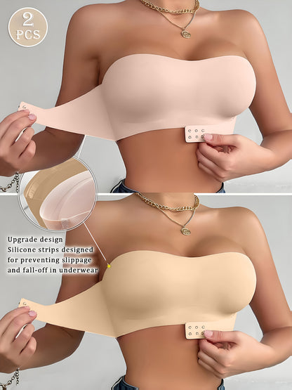 Two-Piece Women'S Mixed Color Strapless Bra with Front Closure, Perfect for Off-Shoulder Dresses And Wedding Gowns, Comfortable Lingerie Strapless Bandeau Bra, Front Closure Wire-Free Bra, Summer Seamless Breathable Bralette