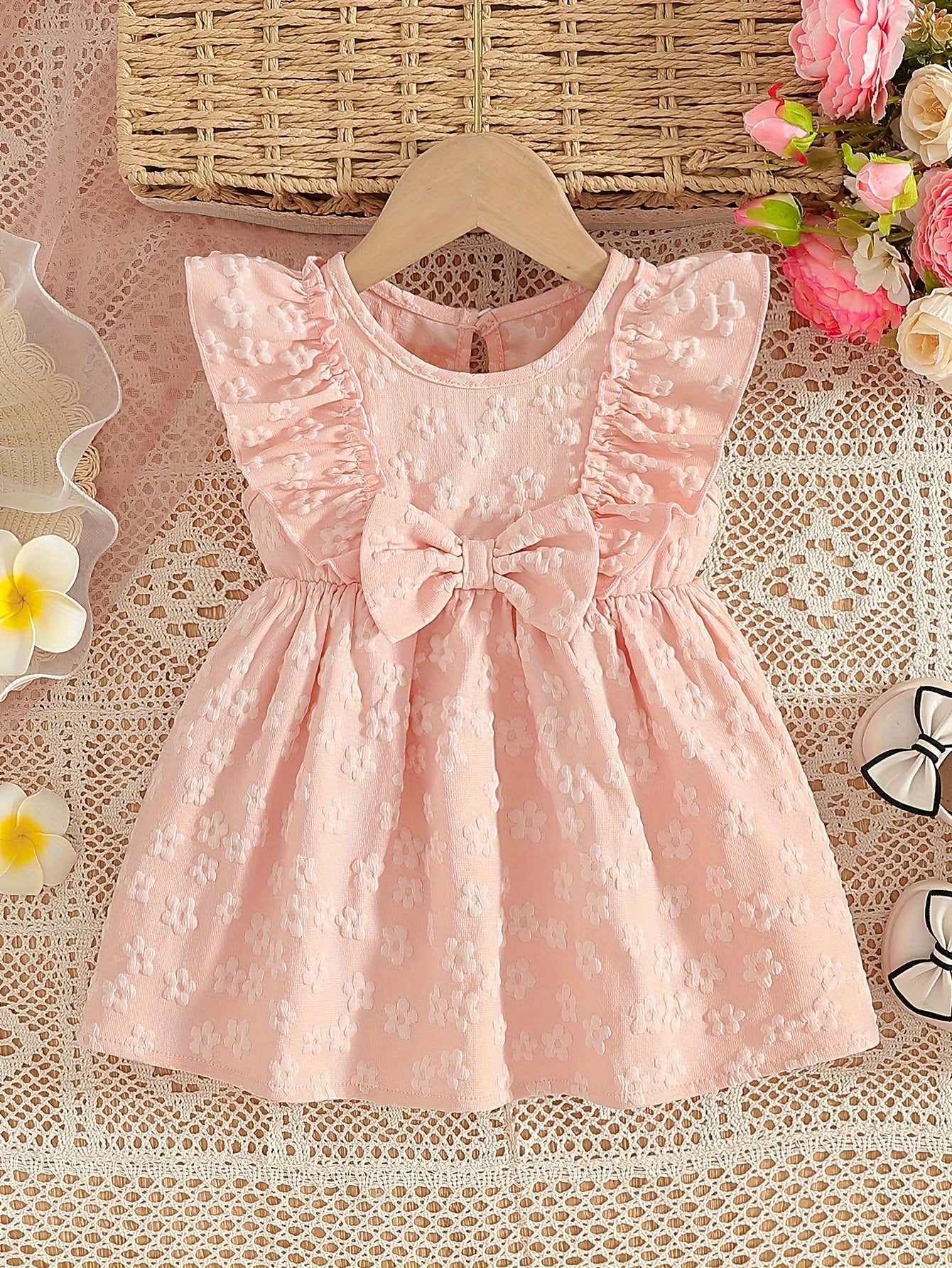 Baby Girl Clothing, Baby Products, Newborn Baby Girl Clothing, Baby Girl Summer Versatile And Cute Round-neck Plain-color Ruffled Floral Princess-style Dress. Baby Girl Casual Dress. Back-to-school Promotion. Valentine's Day Gift.