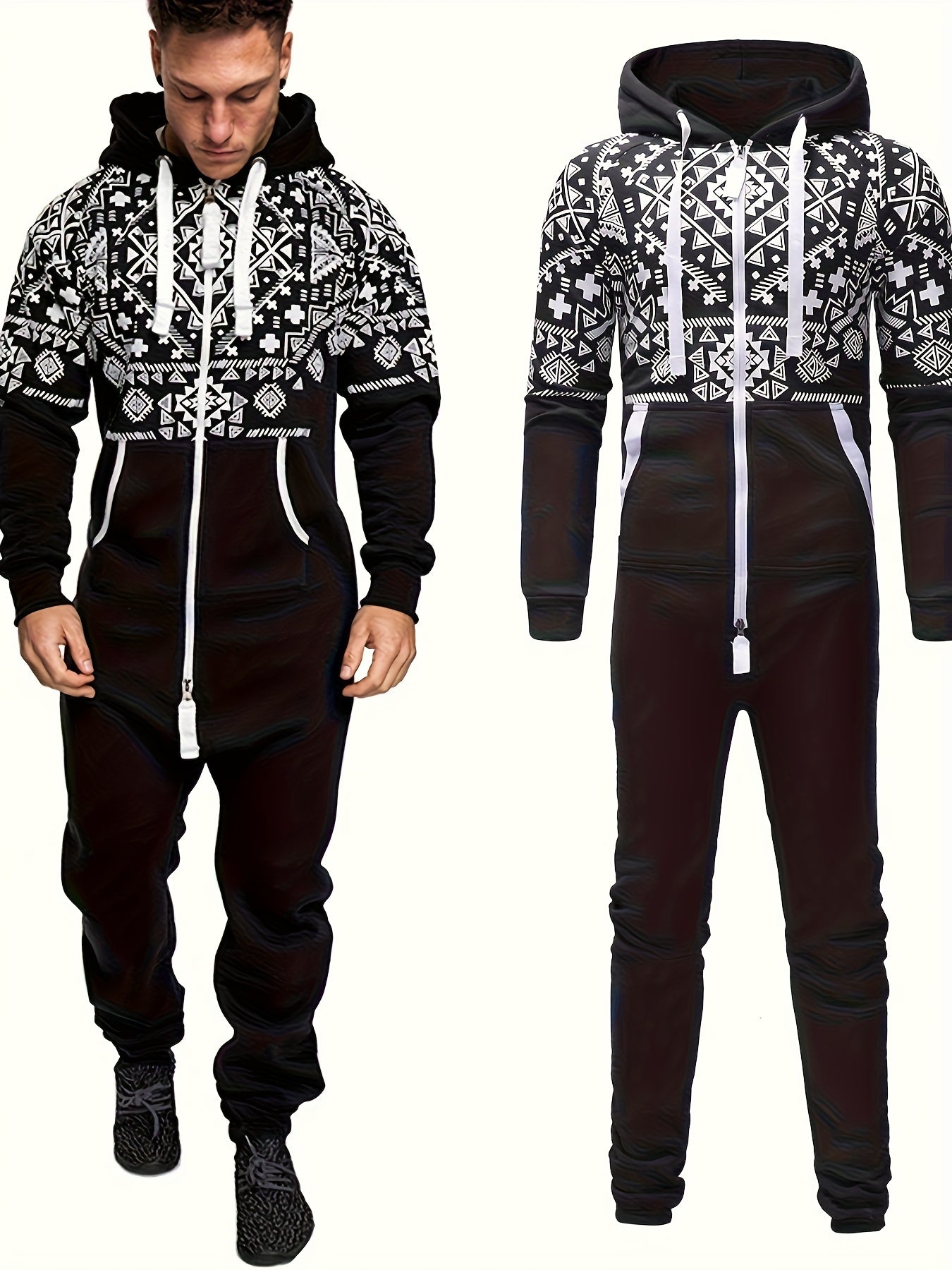 Lkwxsai Men'S Hooded Fleece Lining Jumpsuit, Long Sleeve Full Zipper Overalls with Kangaroo Pockets