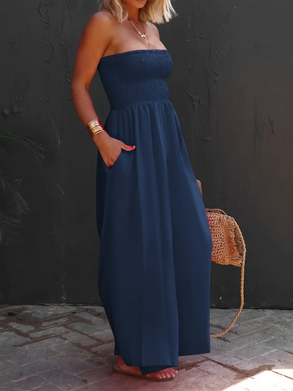 Womens Sleeveless Strapless Wide Leg Jumpsuits Summer Casual Loose Smocked Chiffon Jumpsuit Rompers with Pockets