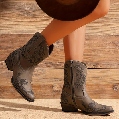Women'S Cowboy Cowgirl Western Ankle Boots Low Chunky Heels Square Toe Fall Short Booties Shoes Pointed toe Cowgirl Boots Women, Western Embroidered Low High Wide Calf Chunky Pull on Boot for Girls with Inside Zipper