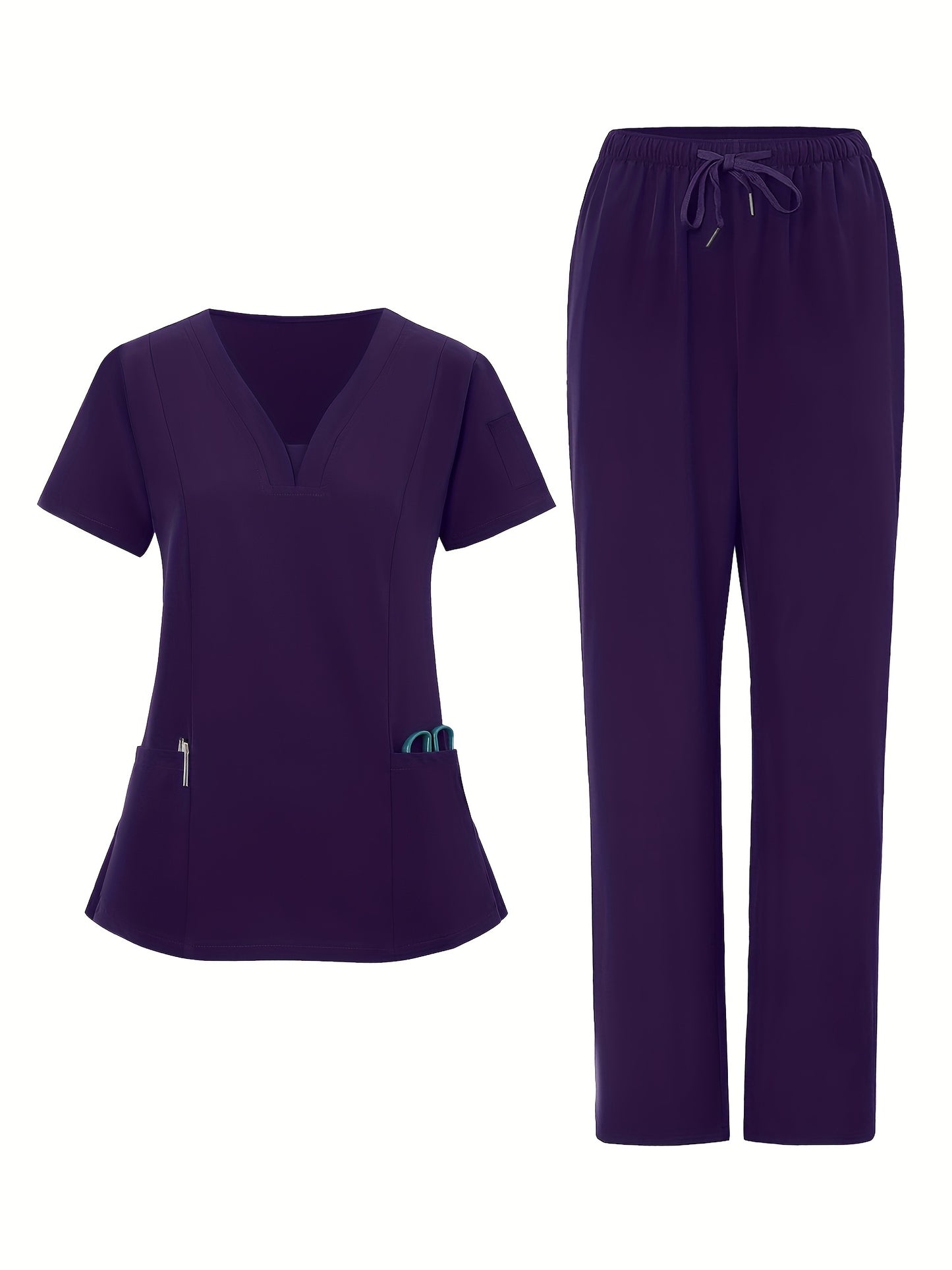 2pcs Women's Breathable V-Neck Work Uniform - Machine Washable Pocket Detail Matching Top & Pants, Casual Work Clothes Suitable for Work Uniforms, Healthcare, Education, Retail - Comfortable Professional Attire