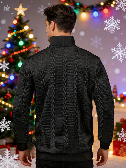 Casual Top for Men in Autumn/Winter, Featuring a Textured Wheat Pattern Fabric, Contrasting Ribbed Edges, And a Zippered Long-Sleeve Henley Design. an Ideal Present for New Year, Valentine'S Day, Or for Your Husband