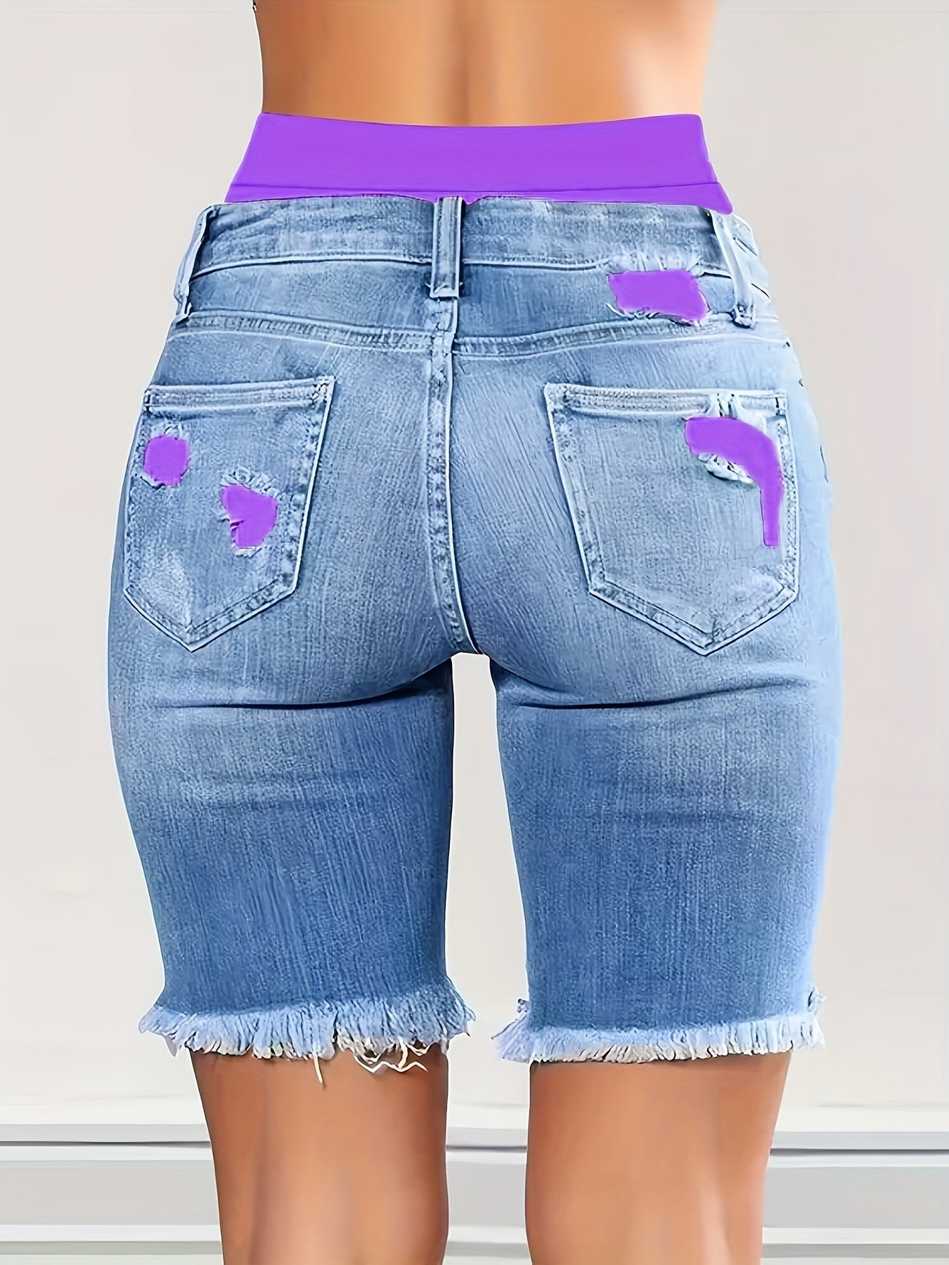 Denim Shorts: Color Block Printed Distressed Shorts/w Fitness Running Shorts