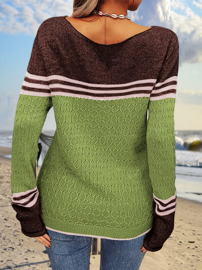 Women Autumn Winter Colorblock Pullover Sweaters Round Neck Striped Slim Fitting Knitwear Tops