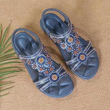 Elegant And Exquisite Fashion Bohemian Floral Rhinestone Women's Flat Sandals - Comfortable Open Toe Design, Elastic Straps, Perfect for Casual Beach Time., Women Shoes