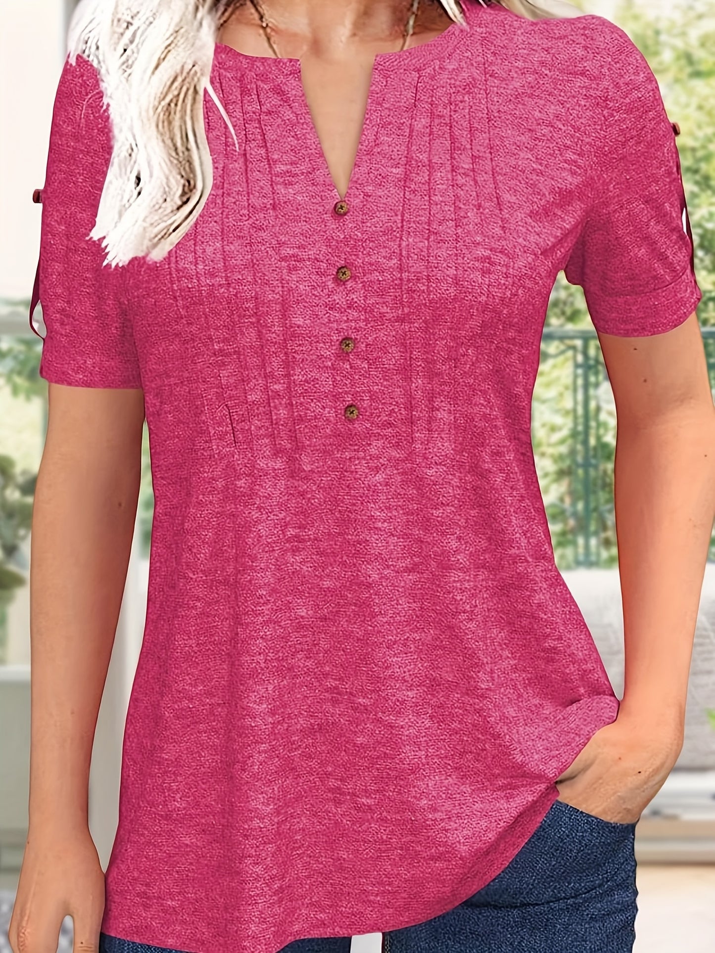 Women's Green Viscose V-Neck Pleated T-Shirt - product view 1