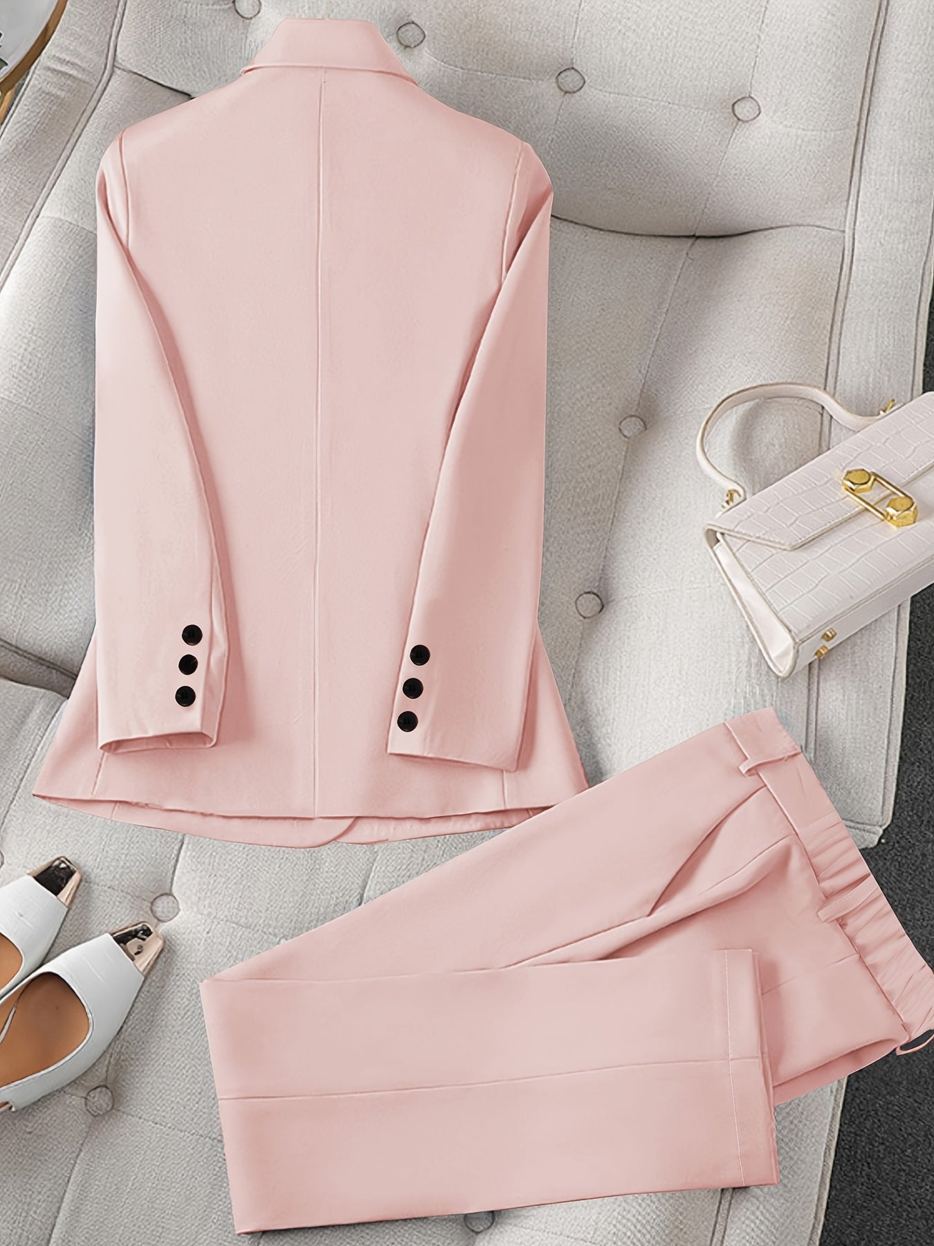 Women's Casual Two-Piece Set, Fashionable Business Style, Solid Color Long Sleeve Blazer And Pants, Polyester, Button-Up, Regular Fit, with Weekend Casual Wear