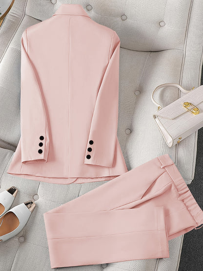 Women's Casual Two-Piece Set, Fashionable Business Style, Solid Color Long Sleeve Blazer And Pants, Polyester, Button-Up, Regular Fit, with Weekend Casual Wear