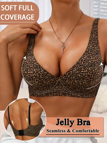 Women's Seamless Jelly Gel Sexy Leopard Print V-Neck Bra- No Underwire, Non-removable Pads, Adjustable Straps, Invisible Clasp, Breathable and Comfortable, Women's Push-up Bra, Women's Leopard Print Bra