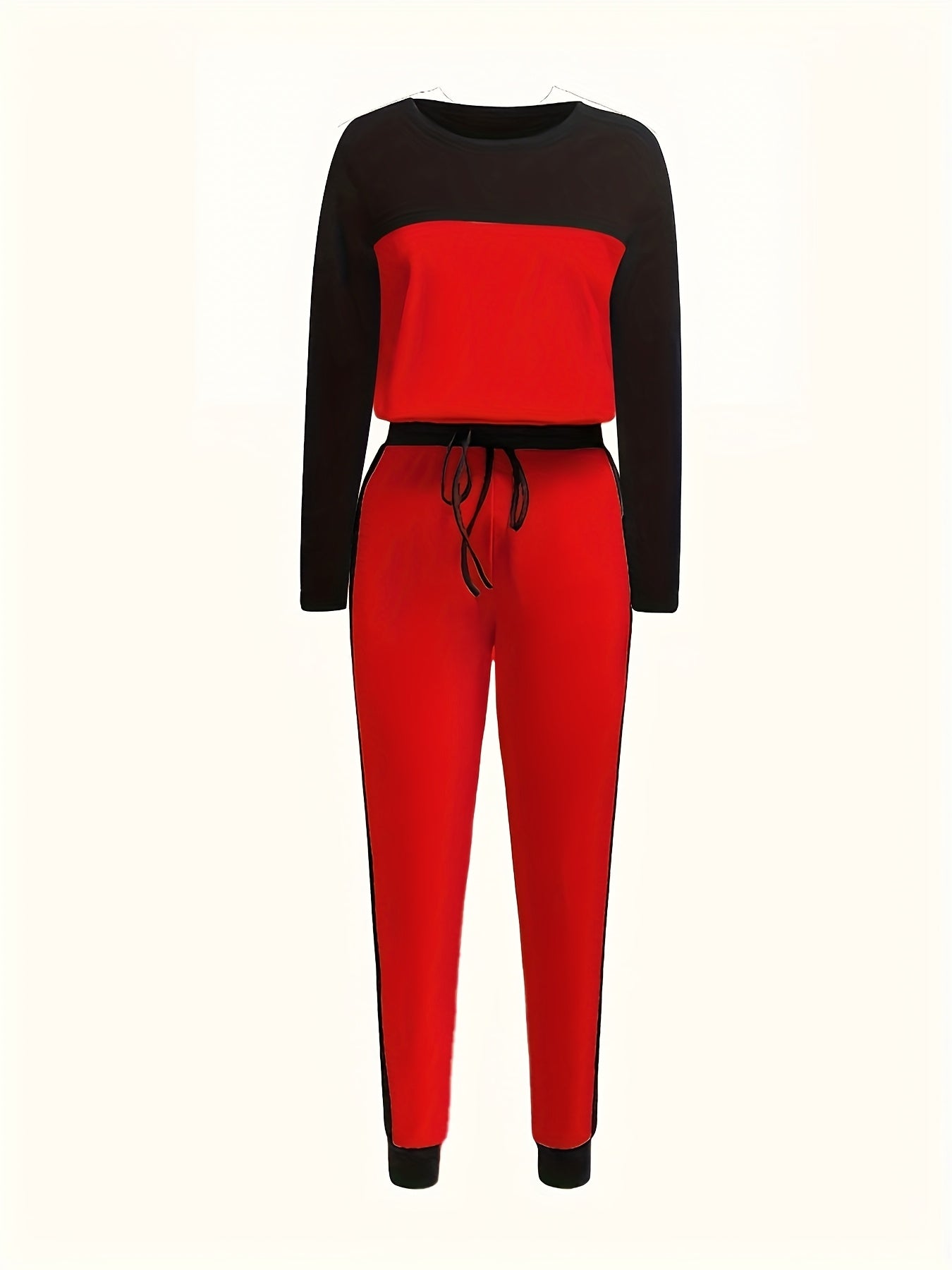 Fashionable Autumn And Winter Casual Elegant Color-block Round-neck Long-sleeve T-shirt with Pants Two-piece Set