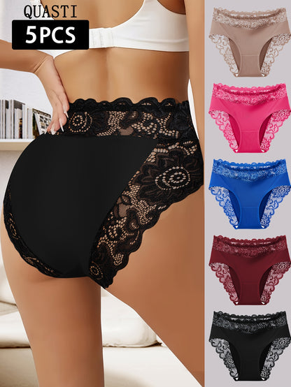 5pcs Women'S High-Waisted Tummy Control Briefs- Elegant Lace Detailing, Soft& Elastic Seamless Design, Full Coverage, No-Roll, Breathable& Comfortable, Multi-Pack with Vibrant Colors, Essential for Daily Wear, Confident Look& Smooth Silhouette