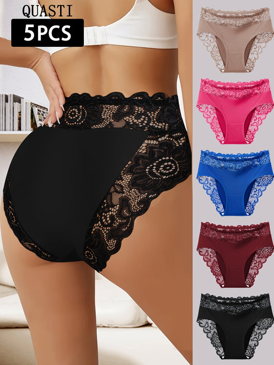 5pcs Women'S High-Waisted Tummy Control Briefs- Elegant Lace Detailing, Soft& Elastic Seamless Design, Full Coverage, No-Roll, Breathable& Comfortable, Multi-Pack with Vibrant Colors, Essential for Daily Wear, Confident Look& Smooth Silhouette