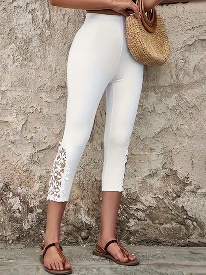 Set of 2 Elegant Lace Trimmed Cropped Capri Leggings - Fashionable, Cozy, And Essential Versatile Pieces for Women - Ideal for Spring, Summer, And Everyday Casual Outfits