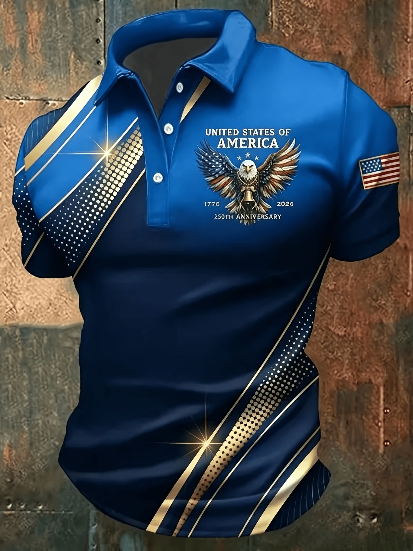 Plus-Size Men'S Summer Short-Sleeve Polo Shirt, Men'S T-Shirt, Men'S Top, American-Style Commemorative Flag Print Short-Sleeve, Golden Lines Eagle Print Design, Flag Sleeve Badge, Business Casual Short-Sleeve Top, Plus Size
