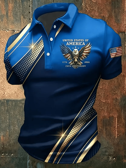 Plus-Size Men'S Summer Short-Sleeve Polo Shirt, Men'S T-Shirt, Men'S Top, American-Style Commemorative Flag Print Short-Sleeve, Golden Lines Eagle Print Design, Flag Sleeve Badge, Business Casual Short-Sleeve Top, Plus Size