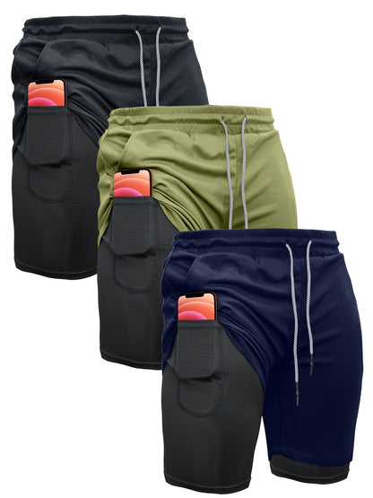 3pcs Men's 2-in-1 Double-layer Shorts with Inner Pocket, High Stretch Sports Shorts, Suitable for Summer Running, Gym Exercise And Training
