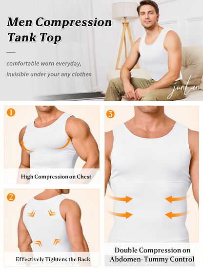 Men' Compression Shirt & Body Shaper Vest - High-Elastic Workout Tank Top with Abdominal Toning, Tight-Fit Shirt Suitable for Gym, Post-Surgery, Year-Round Wear, Solid Color Round Neck Undershirt