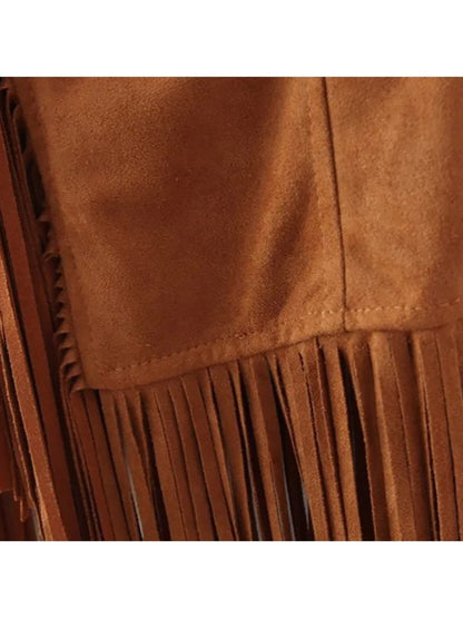 Women' Faux Suede Fringe Vest with Tassels - Western Cowgirl Jacket, Soft Flip-Collar Sleeveless Waistcoat Coat for All-Season Wear, Casual Outfits & Themed Events (Medieval Renaissance Fair) - Solid Color Plain Matching Outerwear