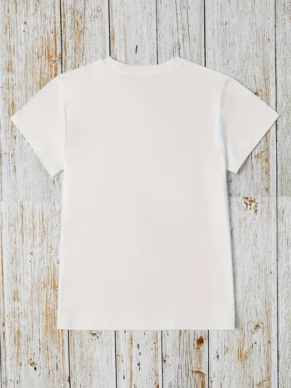 Women's T-shirt, Pink Floral and Heart Pattern| Loose Fit, Round Neck, Slightly Stretchy, Retro Style, Suitable for All Seasons, Casual Top, Perfect for Spring, Summer, and Autumn, a Wardrobe Essential.