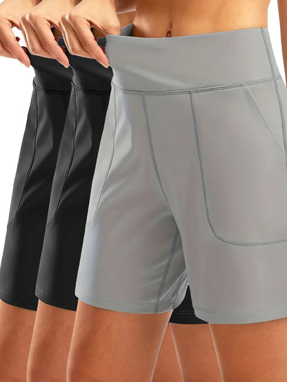 3pcs Women's Elastic-Waist Loose-Fit Casual Sports Shorts with Pockets - Mid-Stretch Breathable Fabric, Solid Color for Gym, Yoga & Casual Attire - Elegant Special Collection, Gym Apparel | Functional Pockets | Stretchable Fabric