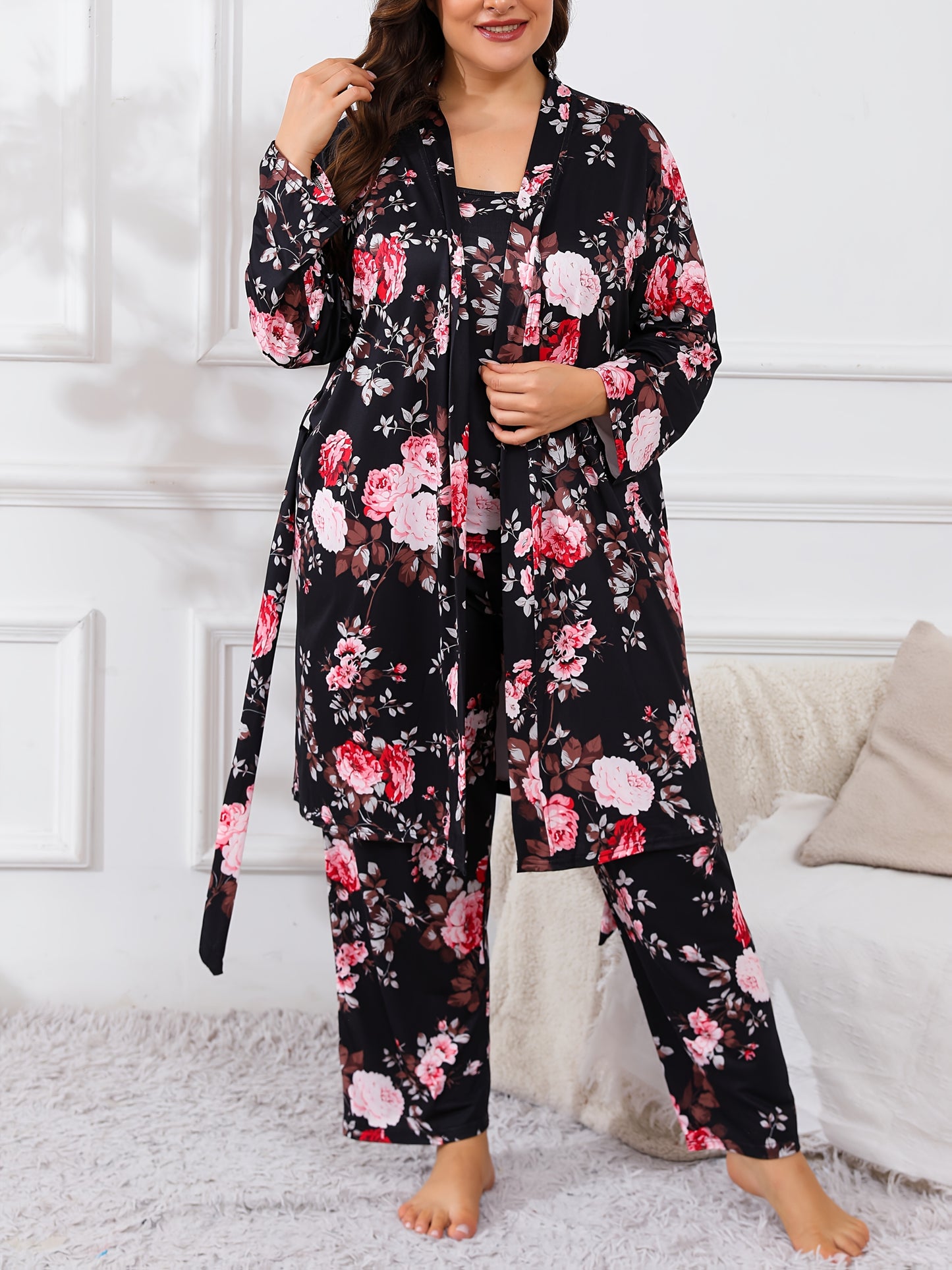 Large Size Women'S Flower Print Cami Top & Long Pants & Long Sleeve Robe 3pcs Elegant Casual Pajama Set