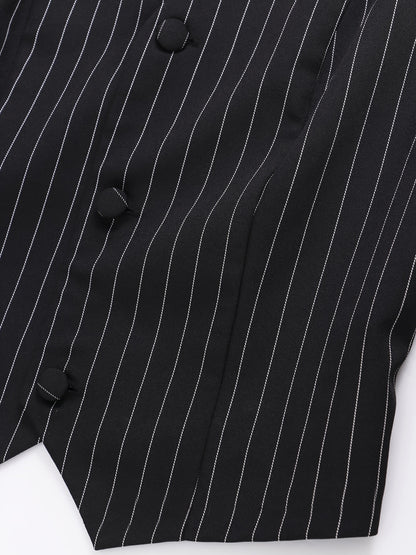 Chic Striped V-Neck Vest & High-Waisted Pants - Polyester, Comfortable Fit for All Seasons, Striped Vest Outfit|Classic Style|Vneck Design