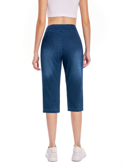 Lady Pull on Denim Capri with Pocket And Rivet Super Soft And Stretch