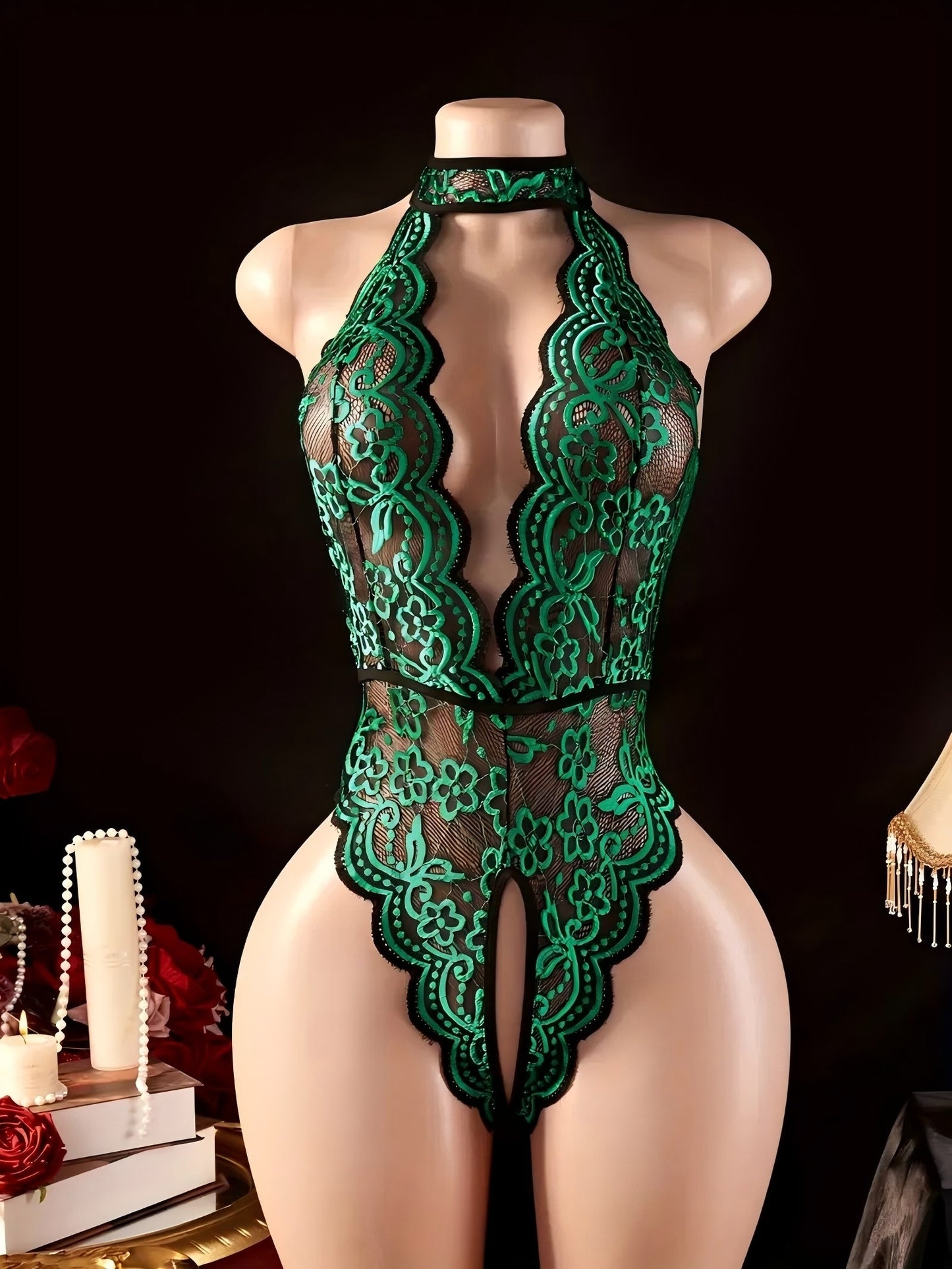 Halter Neck Lace Contrast Color Sexy Lingerie Women's Sexy Clothing Crotchless Deep V Open Back Design Tights