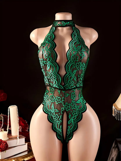 Halter Neck Lace Contrast Color Sexy Lingerie Women's Sexy Clothing Crotchless Deep V Open Back Design Tights