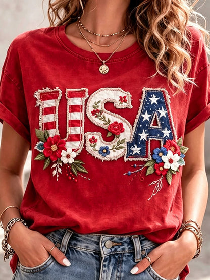 USA 250Th Anniversary Women'S Independence Day Patriotic T-Shirt, 2D Print Casual Short-Sleeve Crewneck Tee for July 4Th Celebrations