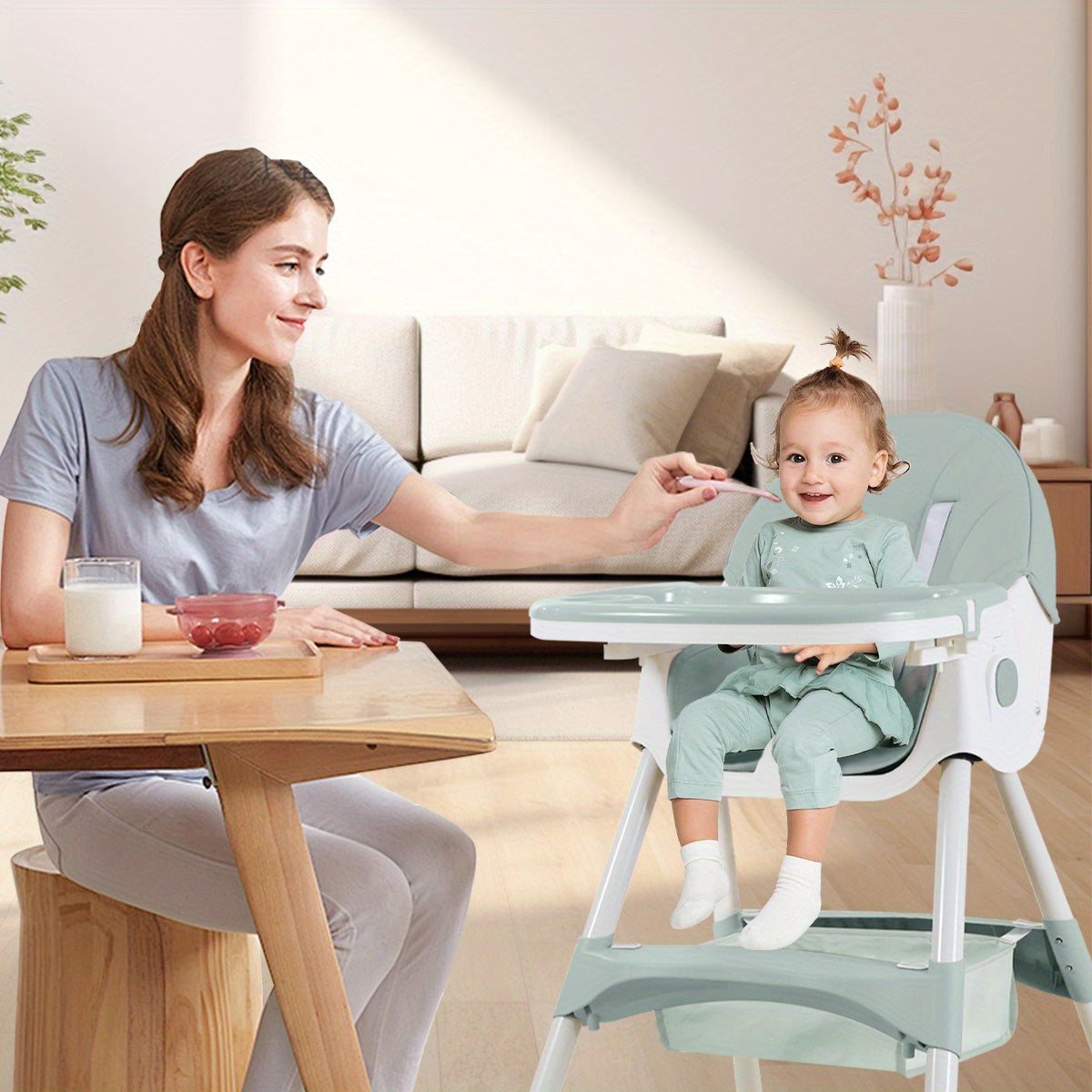 Baby High Chair, Children Are Fed at a Height of Convert, with Removable Tray, Foldable Portable Dining Chair