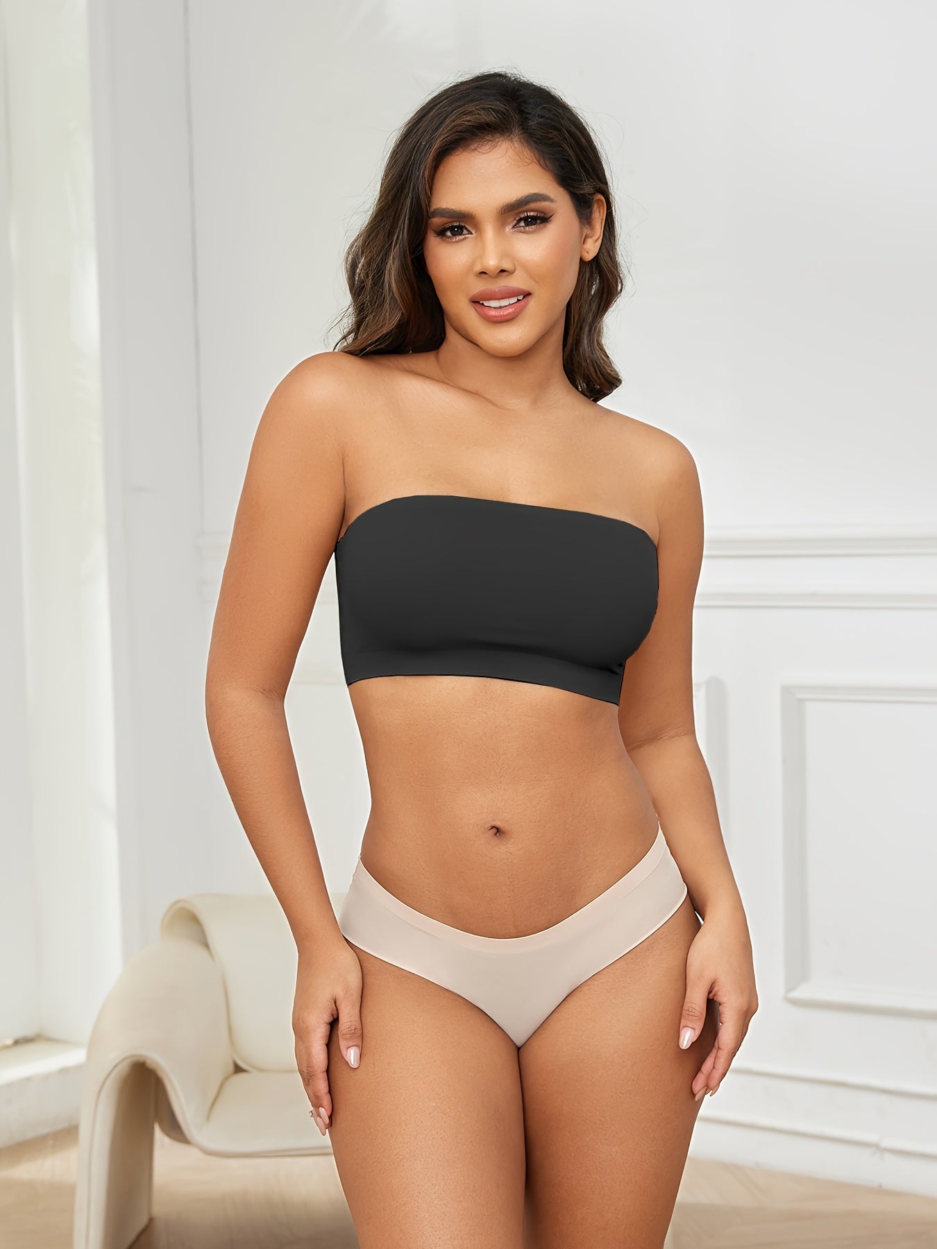 1pc ESSELEGANCE Seamless Wireless Bandeau Bra - Soft Nylon & Elastane Blend, No-Show Design, Beige/Nude, Comfortable Stretch Fit for Casual Attire
