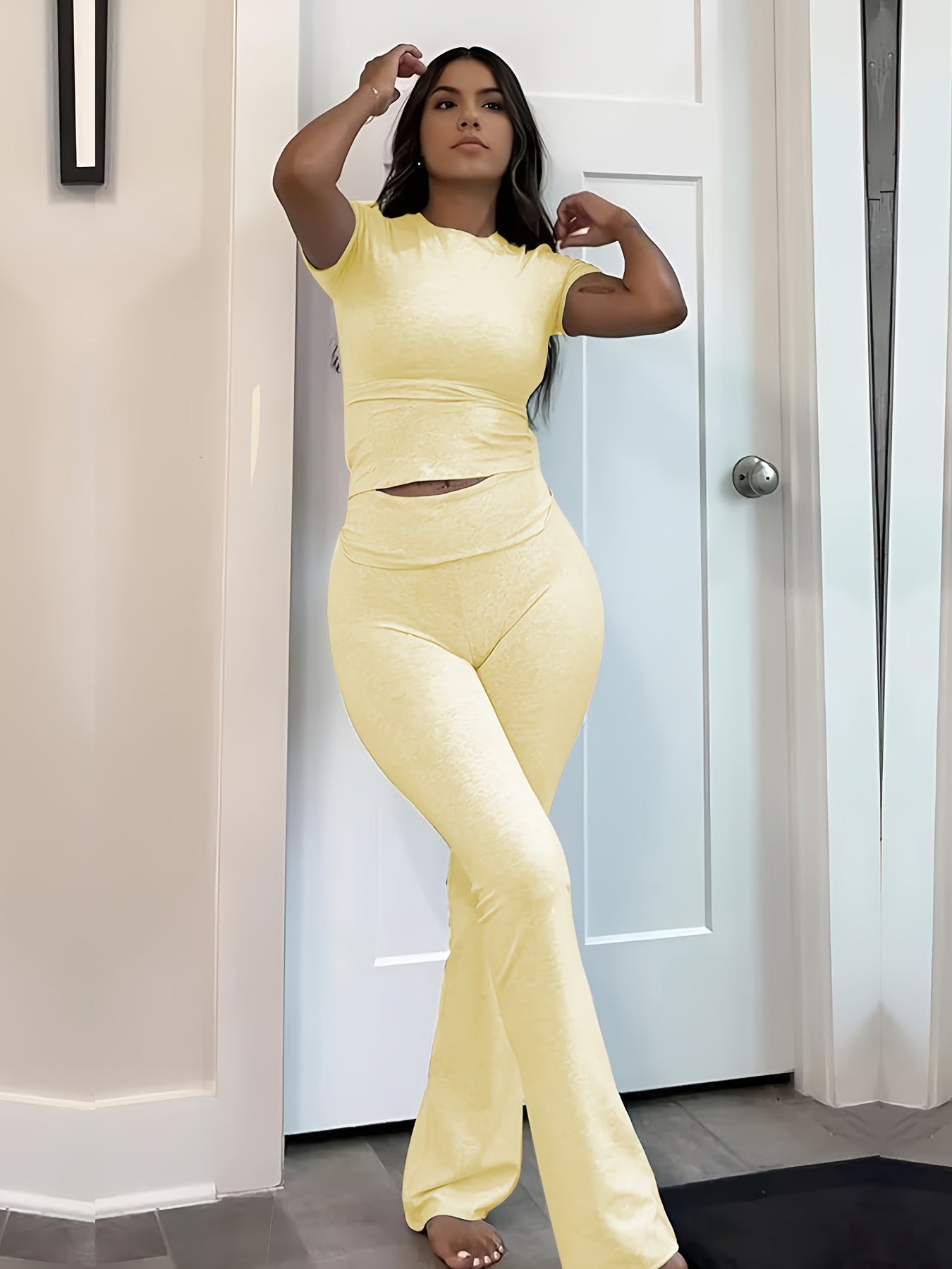 Casual Solid Color Slim Two-piece Pants Set, Short Sleeve Crew Neck T-shirt & Skinny Flared Leg Pants Outfits, Women'S Clothing