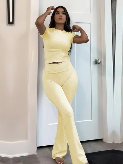 Casual Solid Color Slim Two-piece Pants Set, Short Sleeve Crew Neck T-shirt & Skinny Flared Leg Pants Outfits, Women'S Clothing